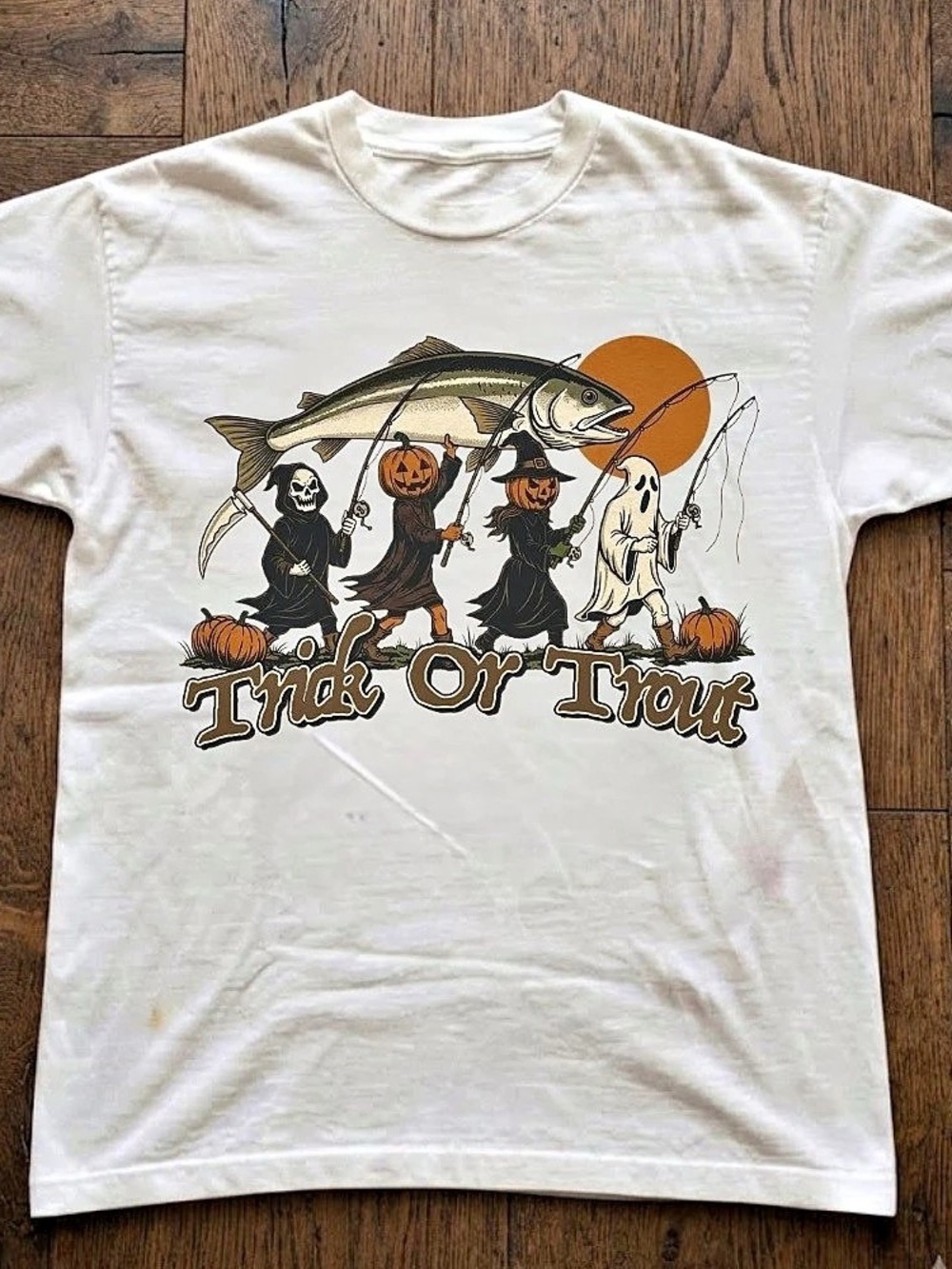Halloween Fishing Trick or Trout Skeleton Pumpkin Ghost White T-Shirt